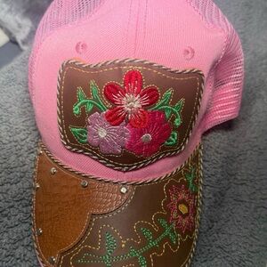 Pink and Brown Floral Embroidered Cap